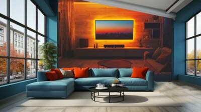 Cozy living room with modern TV mounted on wall, comfortable couch, and warm lighting, creating a relaxing atmosphere for family gatherings and entertainment  Wall mural