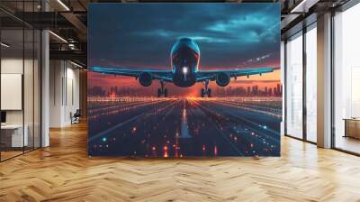 Digital technology airplane takes off against sky and runway urban background Wall mural