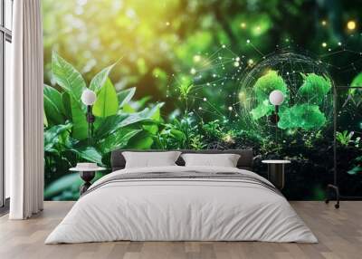 Eco-friendly concept with global sustainability, green economy graphs and lush plants indicating environmental growth and data analytics.  Wall mural