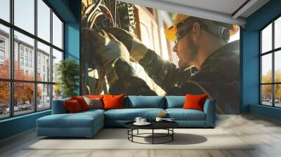 Electrician wiring a new house, close view, afternoon light, wide lens, intricate safety measures.
 Wall mural