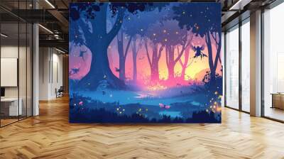 Enchanted forest glen with towering trees, magical creatures, and sparkling fireflies. Vector flat minimalistic isolated illustration. Wall mural