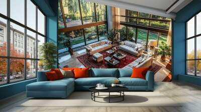 Expansive living room with velvet sofas floor-to-ceiling windows overlooking a private garden golden hour light shot from a high angle wide lens Wall mural