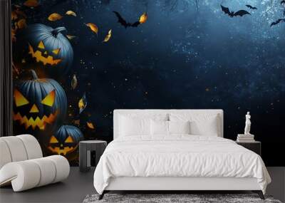 Festive halloween banner with pumpkins and dark glowing background.  Wall mural