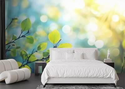 Folhas verdes frescas de primavera e verÃ£o com reflexos do sol e fundo de cacu azul, vista da natureza com bokeh desfocado  Wall mural