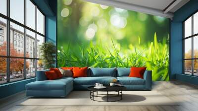 Fresh green grass in spring yard, close up, bokeh Wall mural