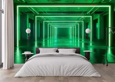 Futuristic neon garage background, perspective view of empty hallway with geometric led green light. Modern design of abstract room, dark grungy hall interior. Concept of studio, scene Wall mural