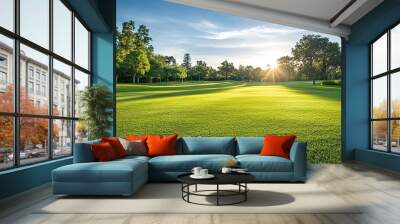 Green grassy park field outdoors landscape horizon.  Wall mural