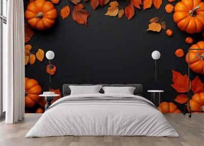 Happy halloween flat lay mockup with pumpkins and leaves on black background. Autumn holiday concept composition. Top view with copy space.  Wall mural