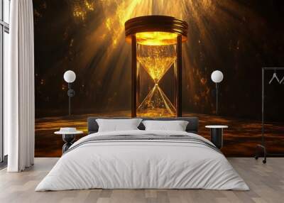 Hourglass with golden light beams in a dark, mysterious setting. Wall mural