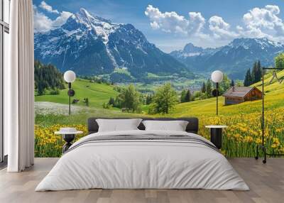 Idyllic mountain landscape in the Alps with blooming meadows in summer springtime Wall mural