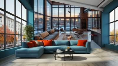 Industrial-style living room with exposed brick walls and metal furniture snowy urban skyline seen through tall windows soft evening light shot from a low angle wide lens  Wall mural