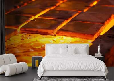 Kiln firing ceramic tiles, close-up, glowing heat and detailed tile surfaces  Wall mural