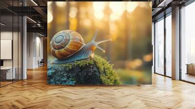 Macro close-up snail in forest on blurred defocused background with copy space for text  Wall mural