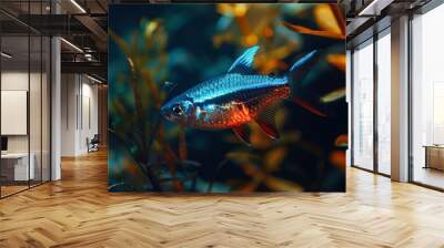 Neon tetra, glowing blue stripe, close-up, underwater, vibrant, crisp, ethereal ambiance. Wall mural