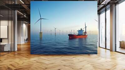 Off shore wind energy power plant grid with vessel for servicing or observation Wall mural