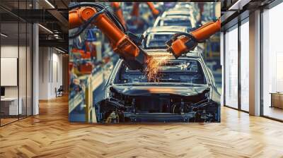 On modern automobile production high tech assembly line, robots assemble cars at auto industry factory  Wall mural