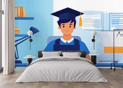 Online education concept in flat style. Graduating student gets diploma online scene. Distance learning service professional courses banner  Wall mural