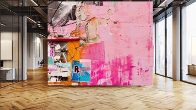 Pink wall with street art collage, wide-angle view, mixed media textures, eclectic and vibrant  Wall mural