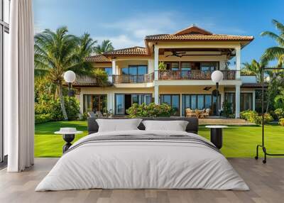 Real estate. Luxury residence, hotel, beautiful holiday resort house on the background of a green lawn with palm tree Wall mural