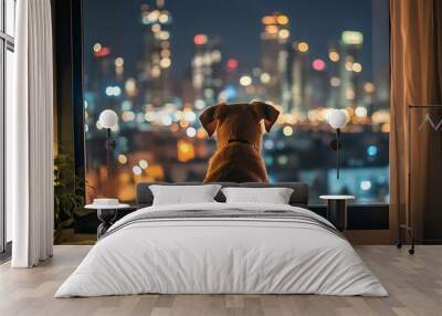 Rearview of dog sitting near the window, looking at cityscape, night lights on city skyscraper buildings outside, copy space. Pet animal at evening in home or house apartment room, lonely sad, waiting Wall mural