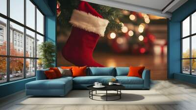 Red Santa Claus hat and sock hanging under christmas tree in the house, Christmas stockings.  Wall mural