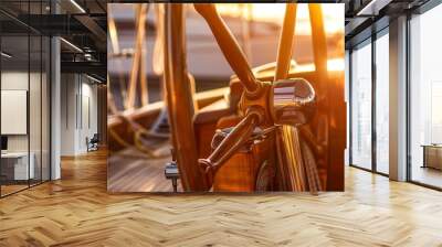 Sailboat helm at sunset, close-up of wooden wheel and compass, golden light  Wall mural