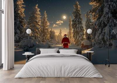 Santa Claus walking through a snowy forest, wide-angle shot with pine trees towering around, soft moonlight casting shadows, sleigh parked nearby, warm festive glow in the distance.   Wall mural