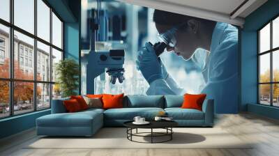 Scientist doing biochemical research with microscope to develop vaccine in pharmaceutical research laboratories Wall mural