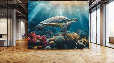 Sea turtle swimming over colorful coral reef with sunlight streaming through the water. High-resolution underwater photography. Marine life conservation. Design for posters and wallpapers. Top view Wall mural