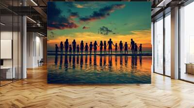 Silhouette beach and big family holding hands in sunset on a holiday or vacation at sea or ocean together Travel love or shadow of people at sunrise in support freedom and bonding Wall mural