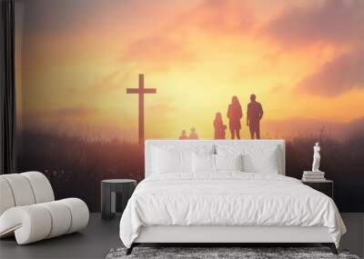 silhouette of family looking for the cross of jesus christ on autumn sunrise background easter sunday concept Wall mural