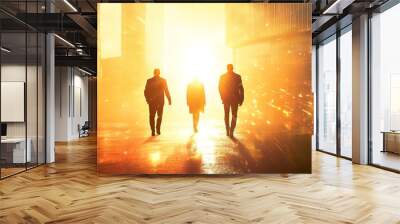 Silhouettes of three people walking towards a bright light in a modern city setting Wall mural