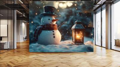 Snowman with a top hat and scarf, standing next to a lantern glowing warmly, snow falling gently, wide-angle shot, pine trees in the background, soft golden light creating a magical winter feel  Wall mural