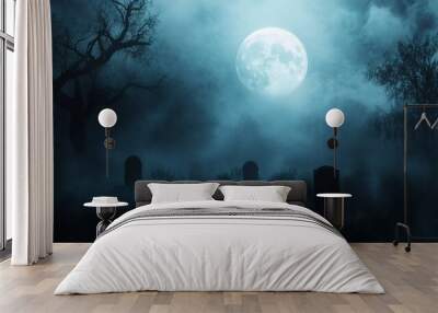 spooky halloween background eerie misty graveyard scene full moon haunted trees dark atmospheric digital art illustration  Wall mural