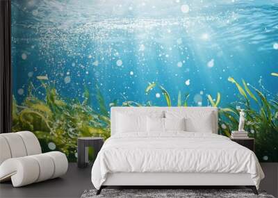 Submerged green seaweed kelp algae seagrass within blue water backdrop with scattered bubbles. Underwater flora serving as visual narrative for subaquatic intertidal biodiversity. Card banner. Wall mural