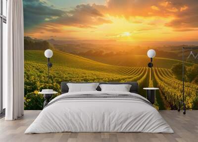 Sunset over a vineyard, rows of grapevines glowing in the warm light, a picturesque scene of agricultural beauty - Wall mural