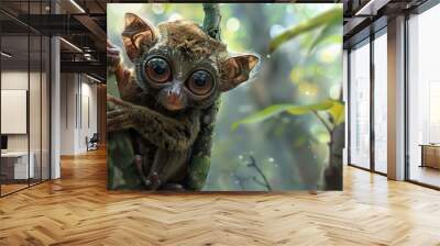 Tarsier, enormous eyes fixed, tiny primate clinging to a branch.  Wall mural