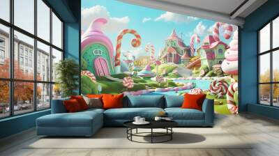 This is a sweet candy land. This is a cartoon game background. This is a 3D modern illustration. Wall mural