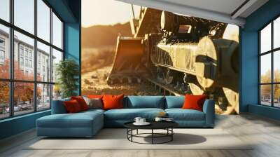 Trencher machine at work, detailed view of the digging chain, afternoon light, close-up, side angle Wall mural