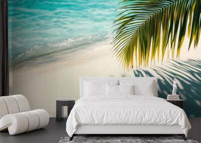 tropical leaf shadow on water beach.sea summer sunlight. palm leaves on white sand beach.abstract background concept banner  Wall mural