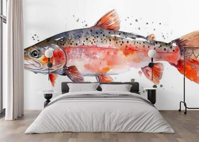 Trout isolated on a white background, watercolor illustration Wall mural