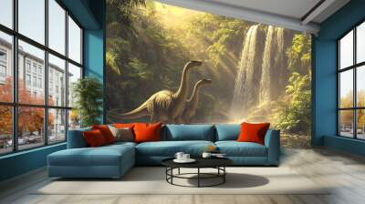 Two Dinosaurs by a Waterfall in a Lush Jungle  Wall mural