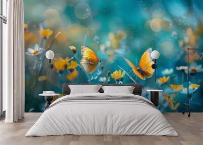 Two yellow butterflies flying in the field of flowers, captured in a bokeh panorama, and light yellow and blue colors. Wall mural