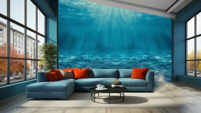 underwater background deep blue sea and beautiful light rays with sandy floor. Underwater Sea, Deep Abyss With Blue Sun light. banner  Wall mural