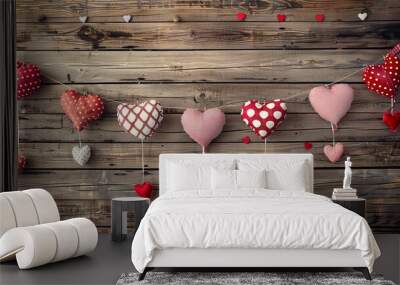 Valentine's Day Hearts Balloon Banner on Rustic Wood Texture  Wall mural