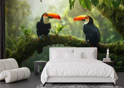 Vibrant two toucan birds perch on a moss-covered tree branch amidst lush green foliage in a misty rainforest jungle atmosphere.  Wall mural