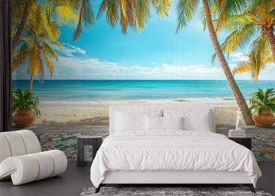 View of beautiful palm trees on the beach from a beautiful mosaic floor with tropical floral patterns  Wall mural