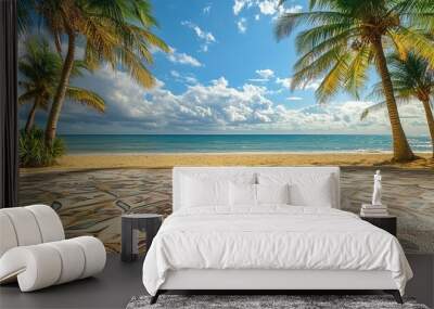 View of beautiful palm trees on the beach from a beautiful mosaic floor with tropical floral patterns  Wall mural