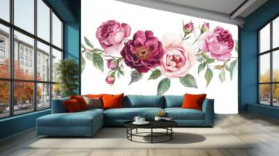 watercolor flowers. floral illustration, Leaf and buds. Botanic composition for wedding or greeting card. branch of flowers - roses, peonies, isolated on white background
 Wall mural