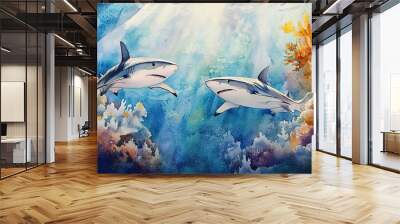 Watercolor of two sharks swimming through sunbeams in a coral reef  Wall mural